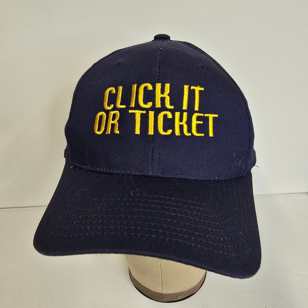 Click It or Ticket Hat Cap‎ Sportsman Navy Blue Embroidered Safety Buckle Up